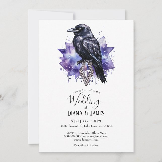 Dark Gothic Purple Raven & Diamond Wedding Invitation (Front)