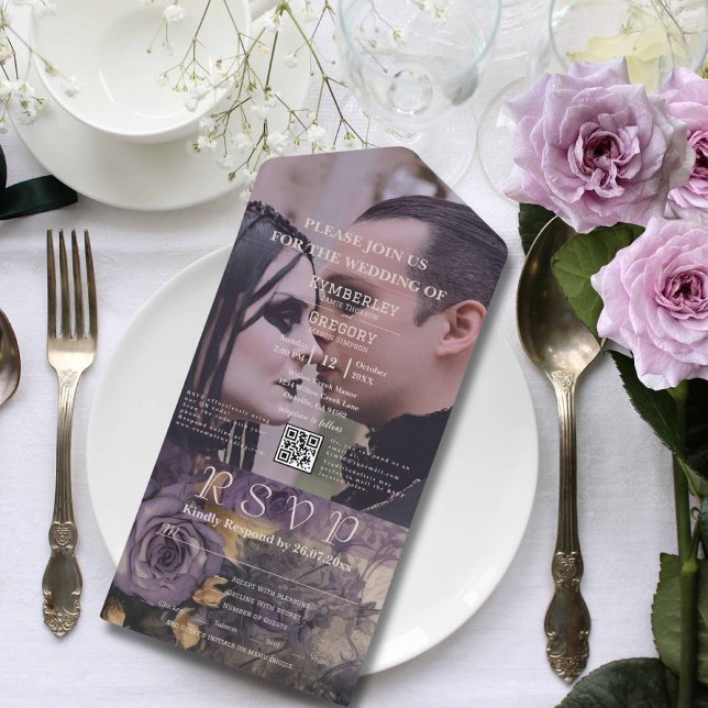 Dark Gothic Purple Rose Floral QR Code Photo All In One Invitation (Creator Uploaded)