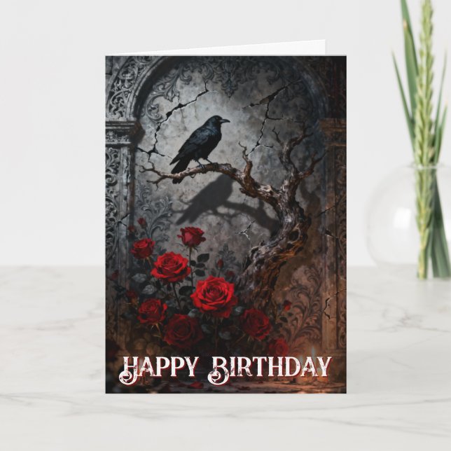 Dark Gothic Raven and Roses Mural Birthday Card (Front)
