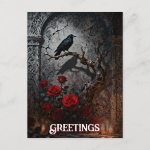 Dark Gothic Raven and Roses Mural Birthday Postcard