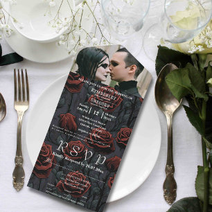 Dark Gothic Red Black Rose Floral Background Photo All In One Invitation