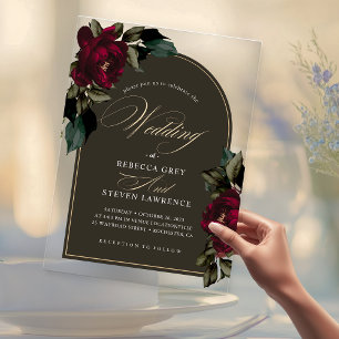 Dark gothic red green floral moody chic wedding acrylic invitations