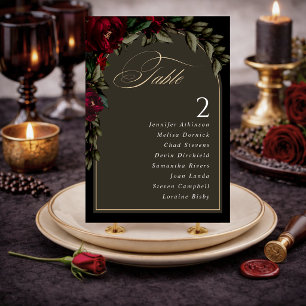 Dark gothic red green floral moody wedding table number