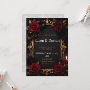 Dark Gothic Red Roses Gold Frame Wedding Invitatio Invitation