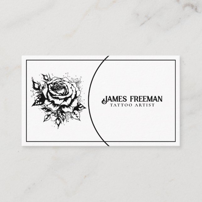 Dark Gothic Rose Black and White Tattoo Artist Business Card (Front)