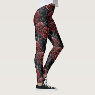Dark Gothic Rose Floral Black Red Elegant Pattern Leggings