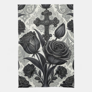 Dark Gothic Rose Pattern (2) Tea Towel
