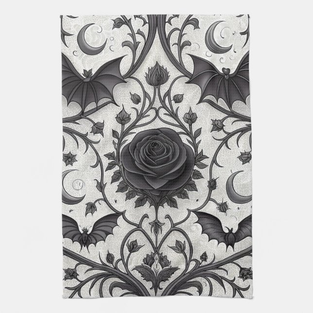 Dark Gothic Rose Pattern (3) Tea Towel (Vertical)