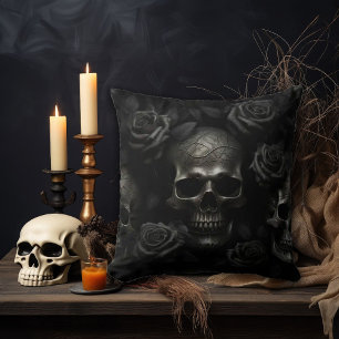 Dark Gothic Skull & Black Rose – Macabre decor Cushion
