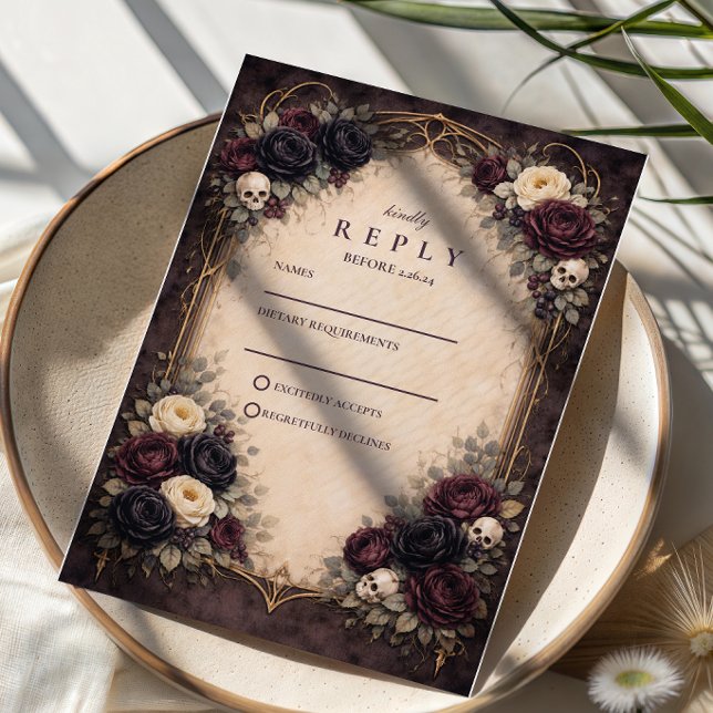 Dark Gothic Skull Floral Wedding RSVP Card (Creator Uploaded)