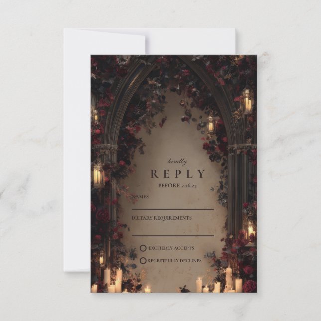 Dark Gothic Skull Floral Wedding RSVP Card (Front)