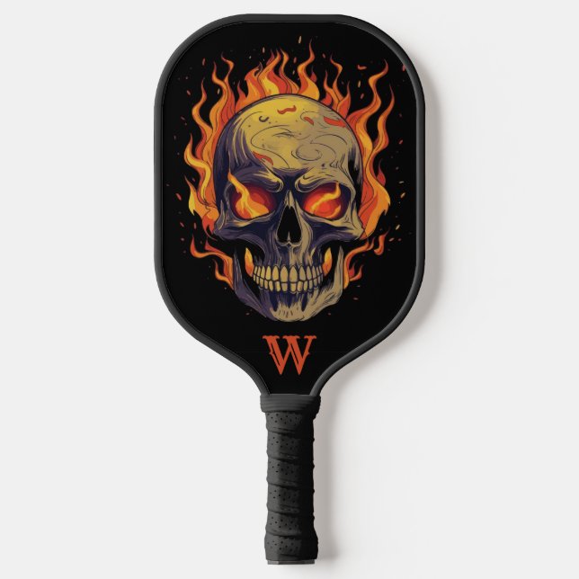 Dark Gothic Skull in Flames Monogram Initial Pickleball Paddle (Front)
