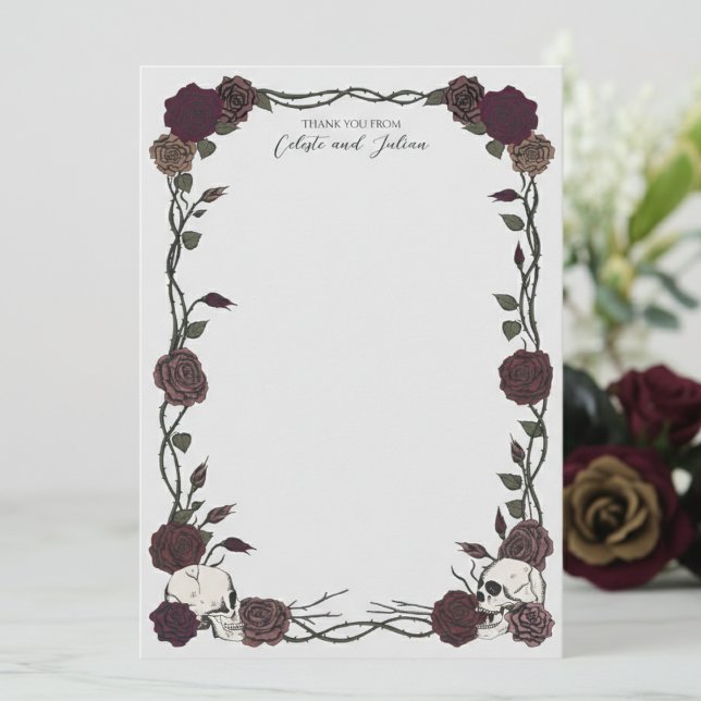 Dark Gothic Skull & Rose Wedding Thank You Card (Elegant Gothic Dark Floral Skull Note Cards to say Thank You. Botanical Burgundy Skull and Roses)