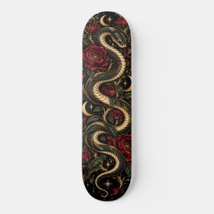 Dark Gothic Snake & Red Roses Celestial Skateboard