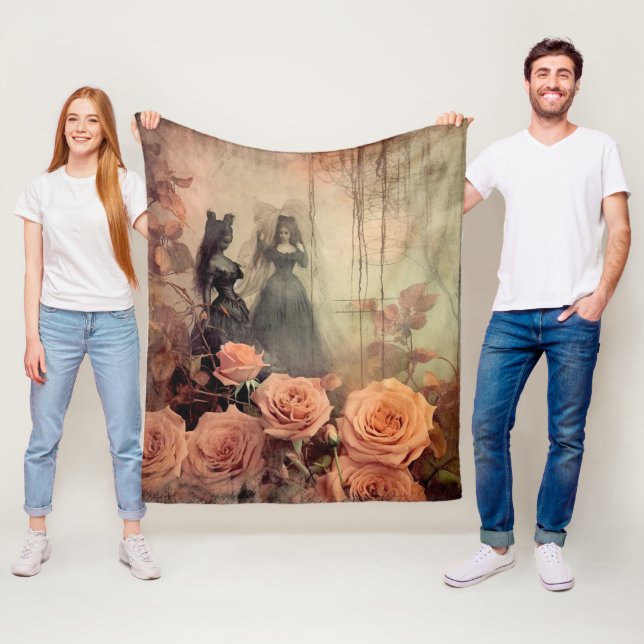 Dark Gothic Victorian Rose Portrait Fleece Blanket (In Situ)