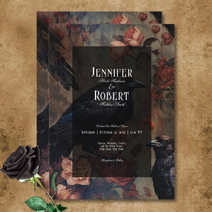 Dark Gothic Vintage Blush Floral & Black Ravens Invitation