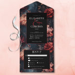 Dark Gothic Vintage Red & Pink Floral Dinner All In One Invitation<br><div class="desc">AVAILABLE WITH OR WITHOUT A QR CODE OR DINNER SELECTION OPTIONS. Elevate your wedding day to a level of dark, romantic enchantment with our Gothic-inspired wedding invitation. This exquisite design boasts a hauntingly beautiful vintage floral background, featuring deep red and soft blush pink flowers against a charcoal black canvas. This...</div>