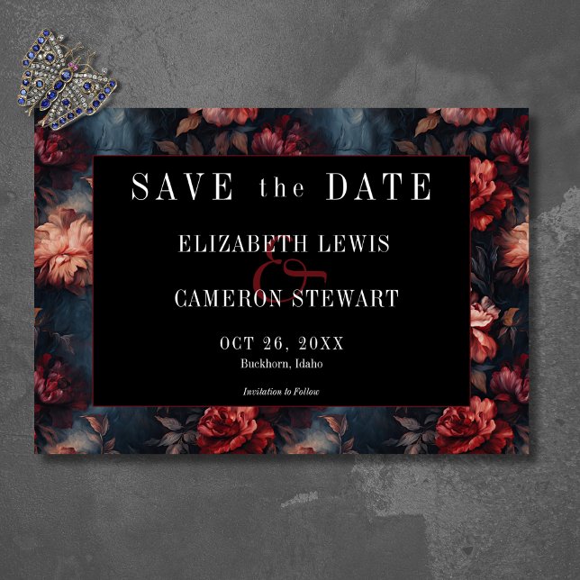 Dark Gothic Vintage Red & Pink Floral Wedding Save The Date (Creator Uploaded)