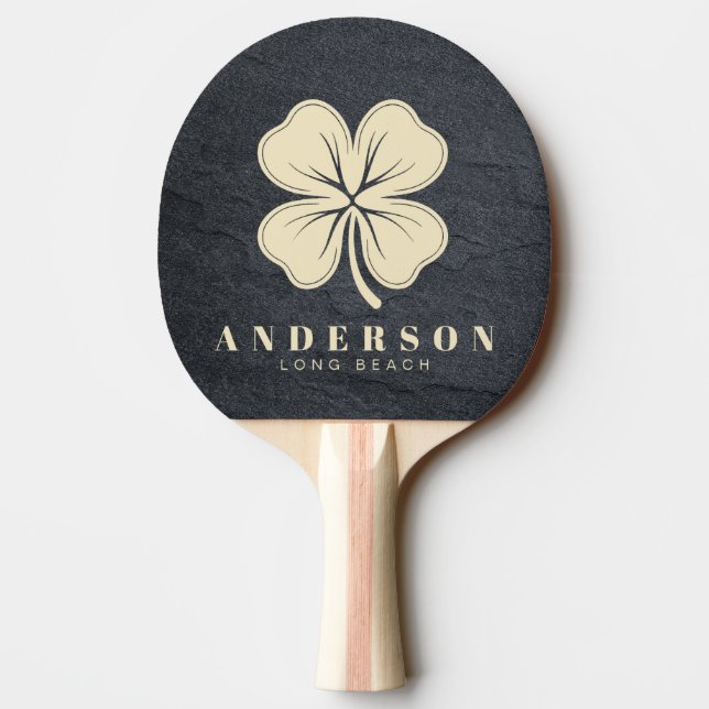 Dark Granite Stone Four Leaf Clover with Name Ping Pong Paddle (Back)