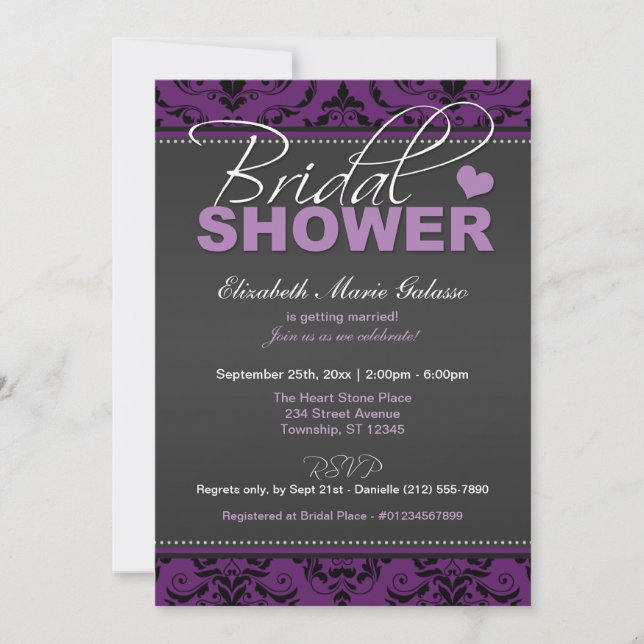 Dark Grape Damask Bridal Shower Invitations (Front)