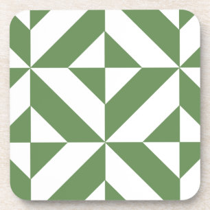 Dark Grass Green Geometric Deco Cube Pattern Coaster