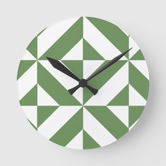 Dark Grass Green Geometric Deco Cube Pattern Round Clock (Front)