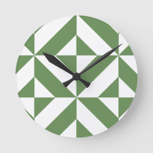 Dark Grass Green Geometric Deco Cube Pattern Round Clock