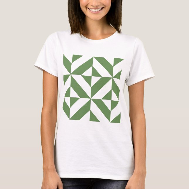 Dark Grass Green Geometric Deco Cube Pattern T-Shirt (Front)