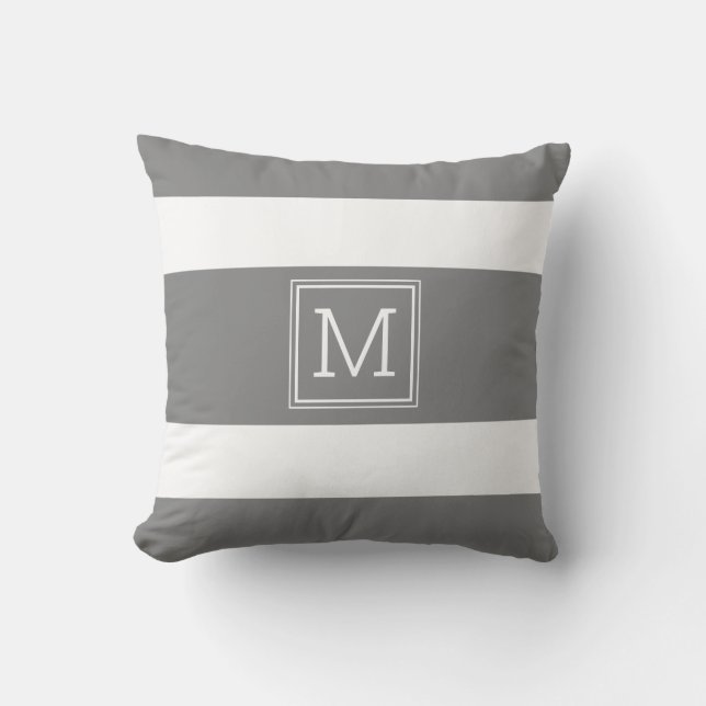 Dark Gray and White Stripes Simple Monogram Cushion (Front)