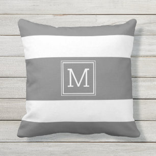 Dark Gray and White Stripes Simple Monogram Cushion