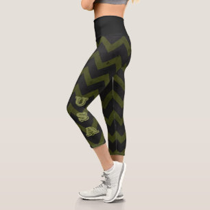 Dark gray army green vintage chevron Monogram Capri Leggings