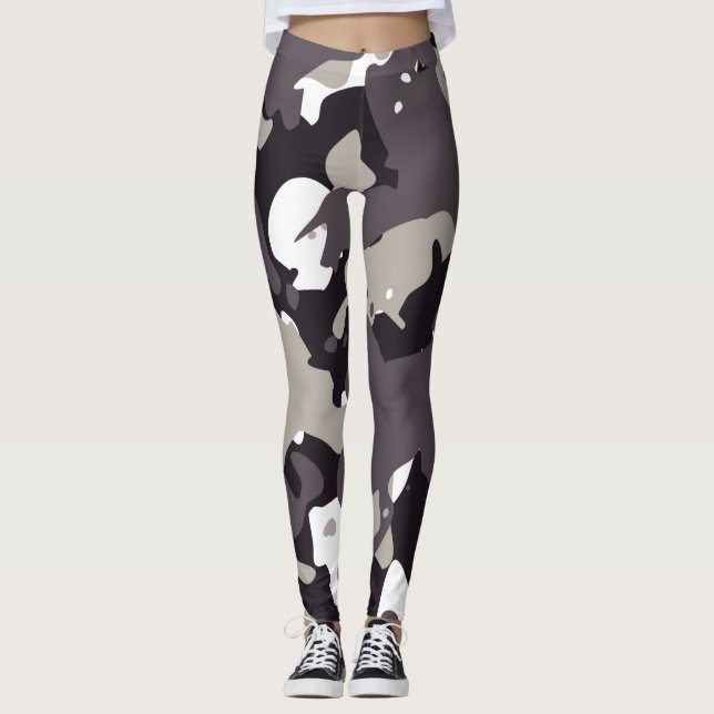 Dark Gray Black And White Camouflage PatteLeggings Leggings (Front)
