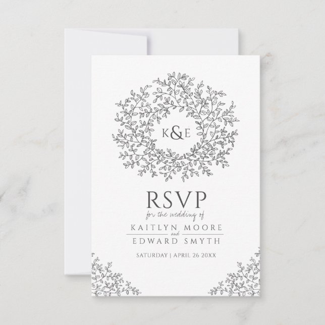 Dark gray hand drawn leaf monogram RSVP wedding Card (Front)