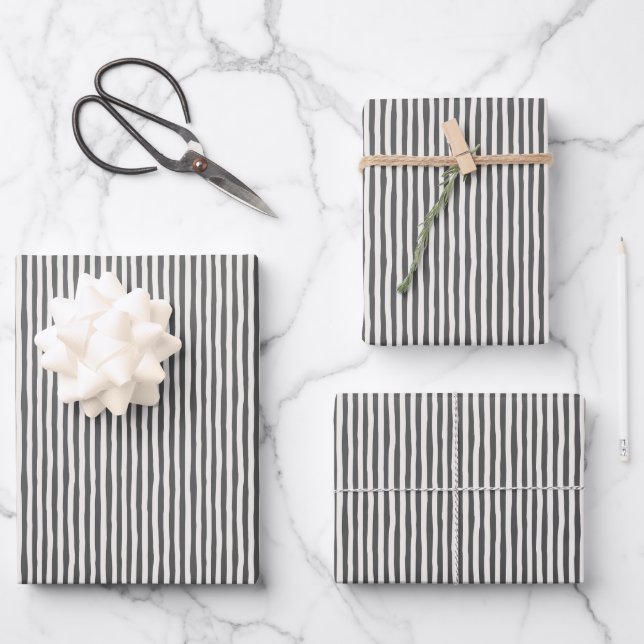 Dark Gray & Ivory Wonky Stripes Wrapping Paper Sheet (Front)