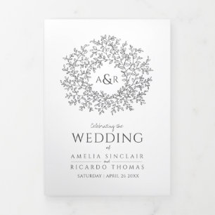 Dark gray monogram art story dedication wedding Tri-Fold programme