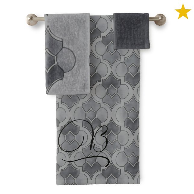 Dark Gray Monogram Watercolor Geometric Pattern  Bath Towel Set (Creator Uploaded)
