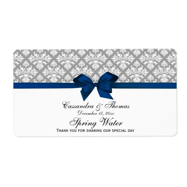 Dark Gray White Damask Water Label, Navy Bow (Front)
