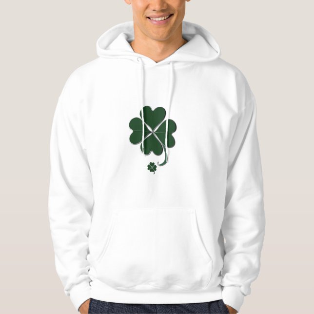 Dark Green 4 Leaf Clover St. Patrick's Day White Hoodie (Front)