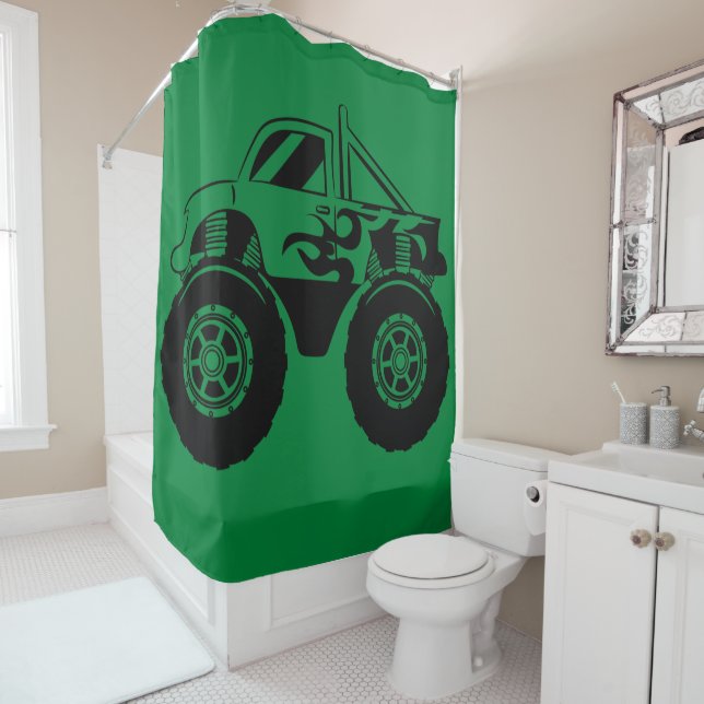 Dark Green and Black Monster Truck Shower Curtain (In Situ)