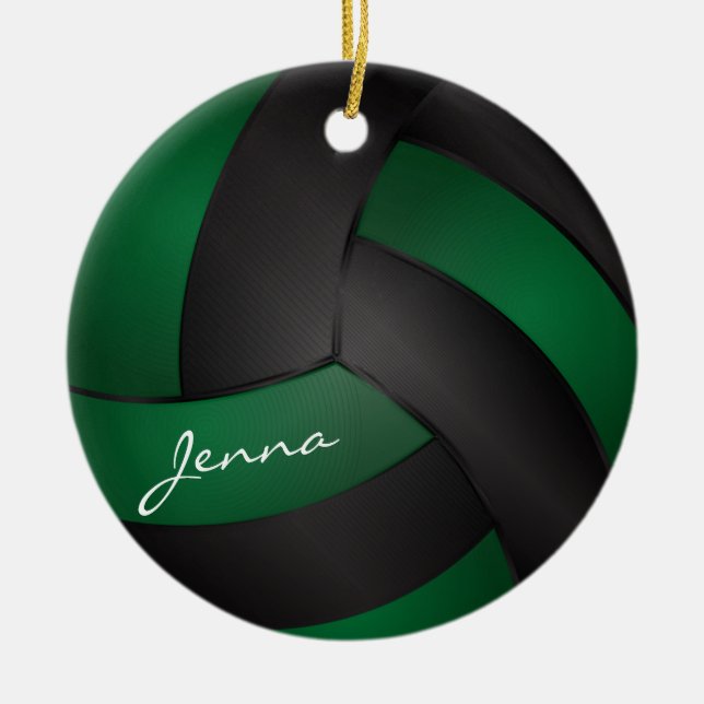 Dark Green and Black Personalise Volleyball Ceramic Tree Decoration (Front)