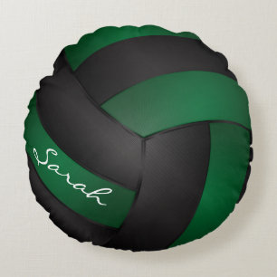 Dark Green and Black Volleyball Personalise Round Cushion