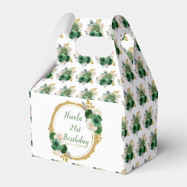 Dark Green and Gold Elegant Flowers Birthday Favour Box (Front Side)