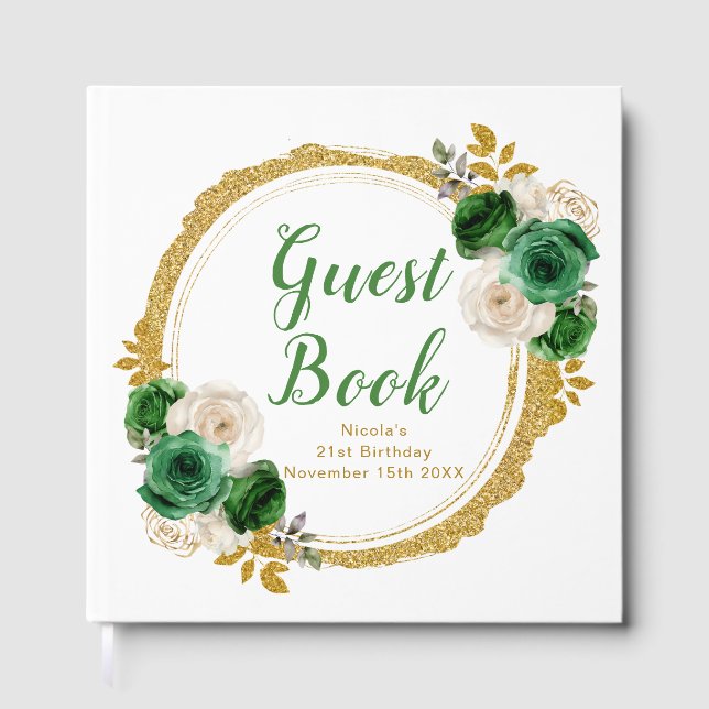 Dark Green and Gold Elegant Flowers Birthday Party Guest Book (Front)