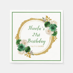Dark Green and Gold Elegant Flowers Birthday Party Napkin