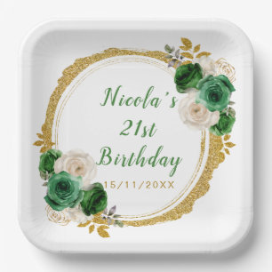 Dark Green and Gold Elegant Flowers Birthday Party Paper Plate