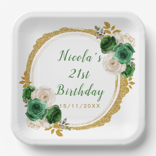 Dark Green and Gold Elegant Flowers Birthday Party Paper Plate (Front)