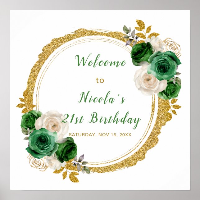 Dark Green and Gold Elegant Flowers Birthday Party Poster (Front)