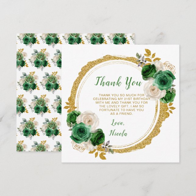 Dark Green and Gold Elegant Flowers Birthday Party Thank You Card (Front/Back)