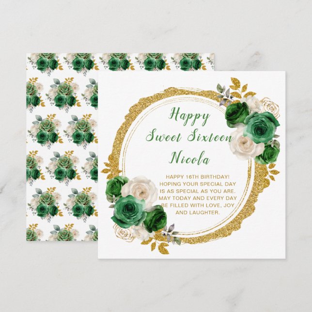 Dark Green and Gold Elegant Flowers Sweet Sixteen Card (Front/Back)