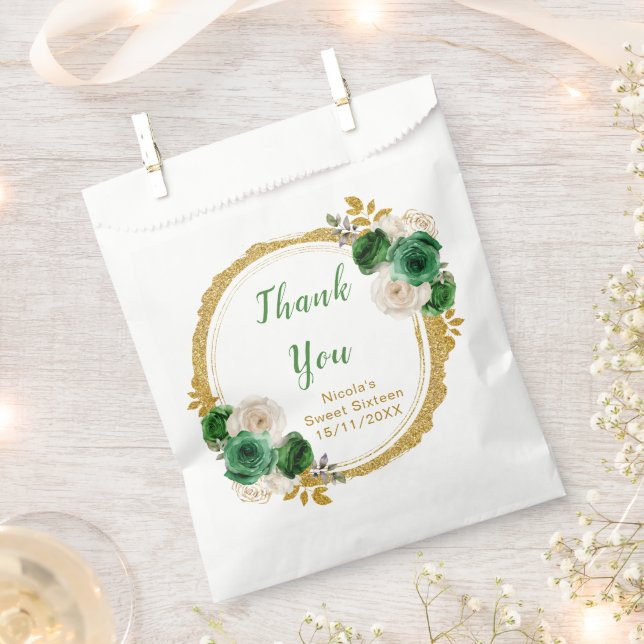 Dark Green and Gold Elegant Flowers Sweet Sixteen Favour Bags (Clipped)